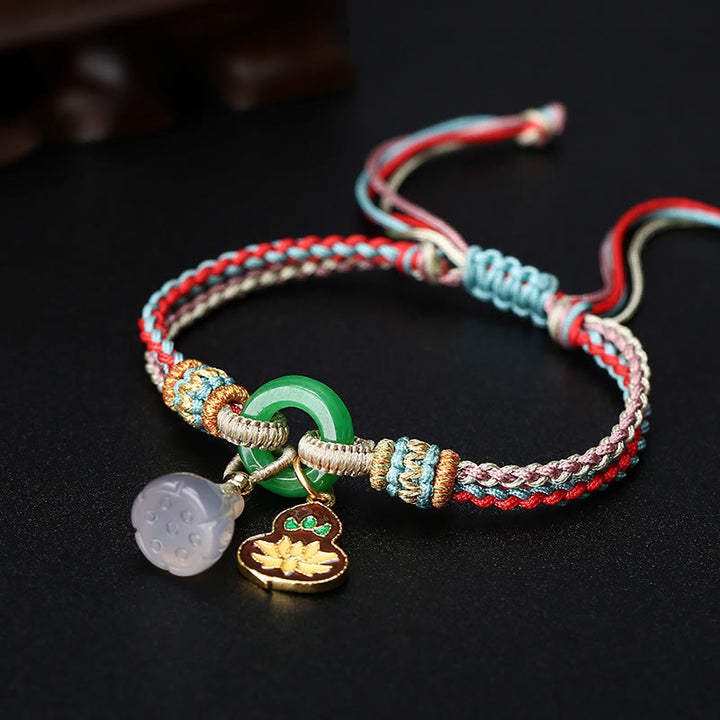 Buddha Stones Colorful Rope Chalcedony Lotus Jade Peace Buckle Harmony Gourd Charm Bracelet