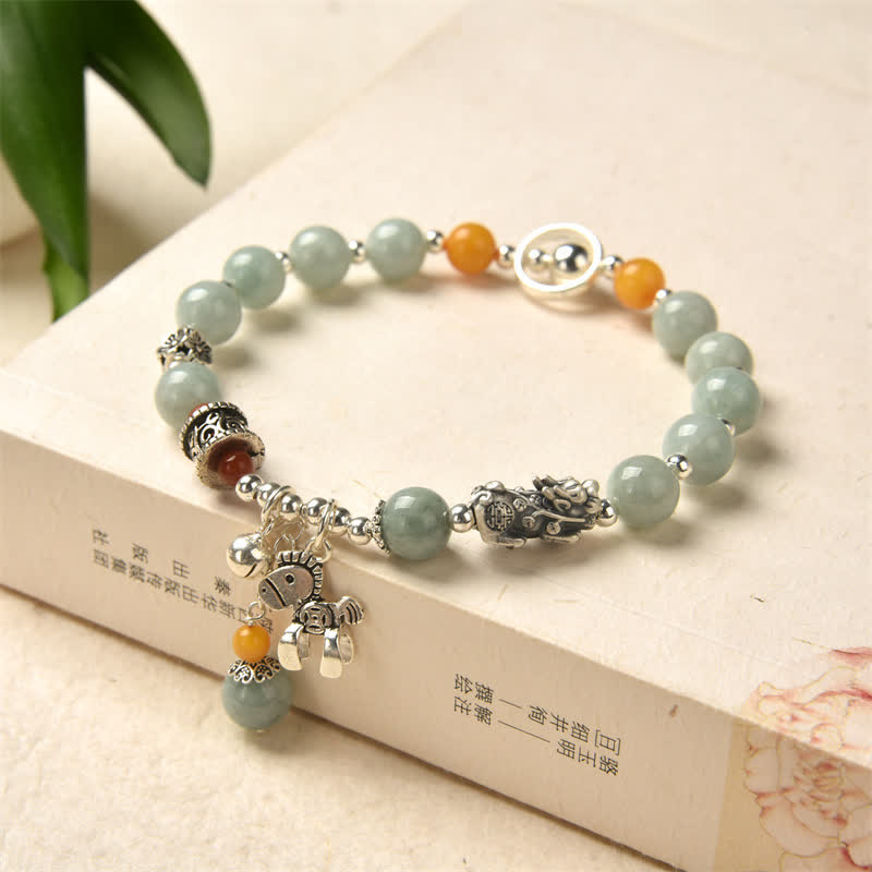 925 Sterling Silver Natural Jade Amber PiXiu Pony Success Bracelet