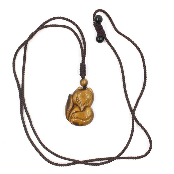 Buddha Stones Natural Black Obsidian Tiger Eye Ice Obsidian Fox Pendant Amulet Necklace