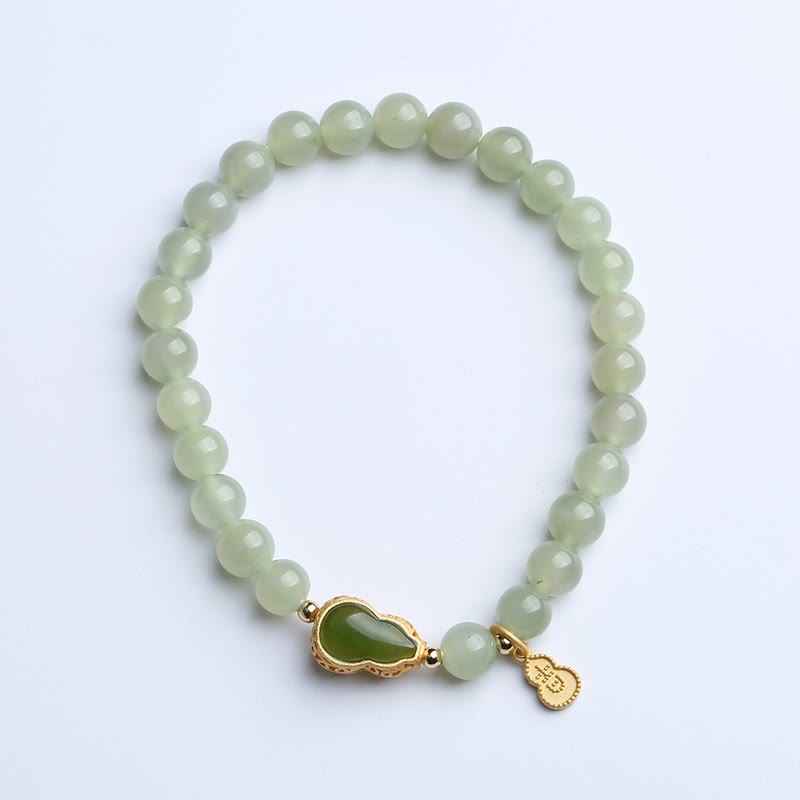 Buddha Stones 925 Sterling Silver Plated Gold Natural Hetian Jade Bead Gourd Lotus Bamboo Fu Character Luck Bracelet