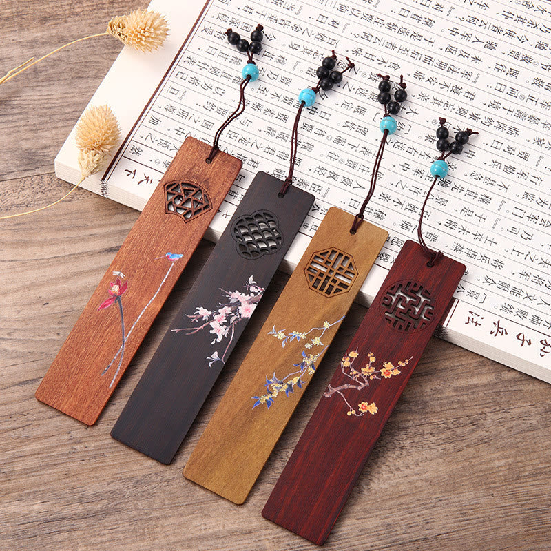 Buddha Stones 4Pcs Four Seasons Plum Orchid Bamboo Chrysanthemum Peking Opera Mask Wood Bookmarks With Gift Box