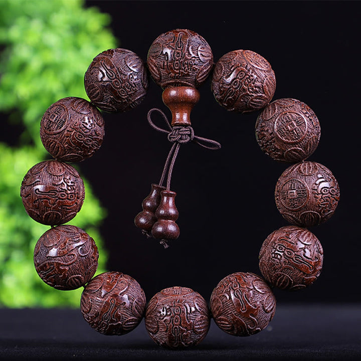 Buddha Stones Chinese Zodiac Rosewood Ebony Boxwood Copper Coin PiXiu Carved Warmth Bracelet