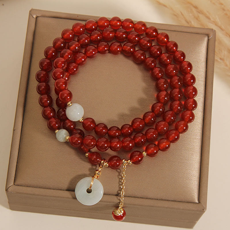 Buddha Stones Natural Red Agate Jade Peace Buckle Calm Triple Wrap Bracelet