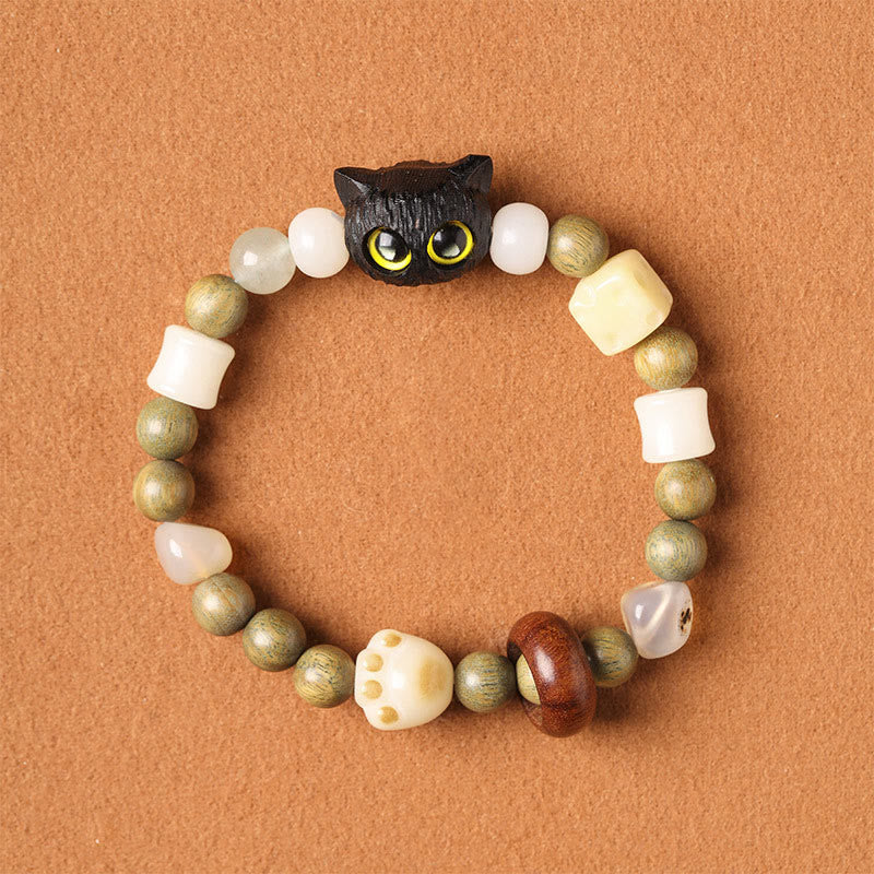 Buddha Stones Bodhi Seed Green Sandalwood Ebony Wood Small Leaf Red Sandalwood Cat Head Paw Claw Peace Bracelet