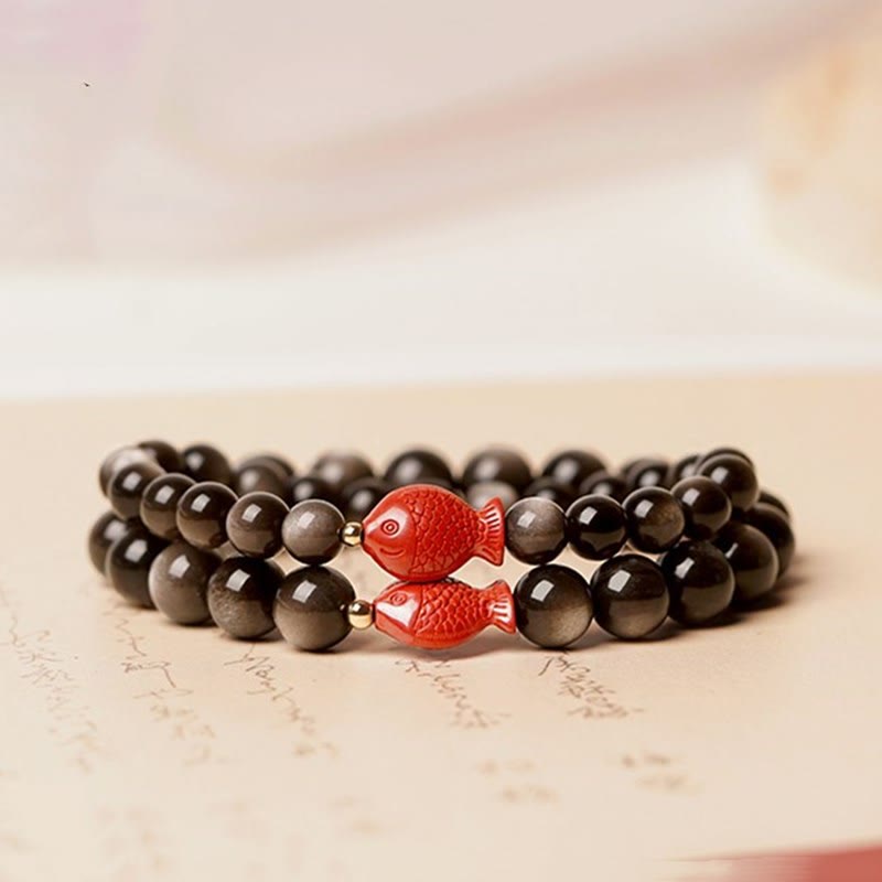 Buddha Stones Natural Silver Sheen Obsidian Cinnabar Koi Fish Soothing Protection Bracelet