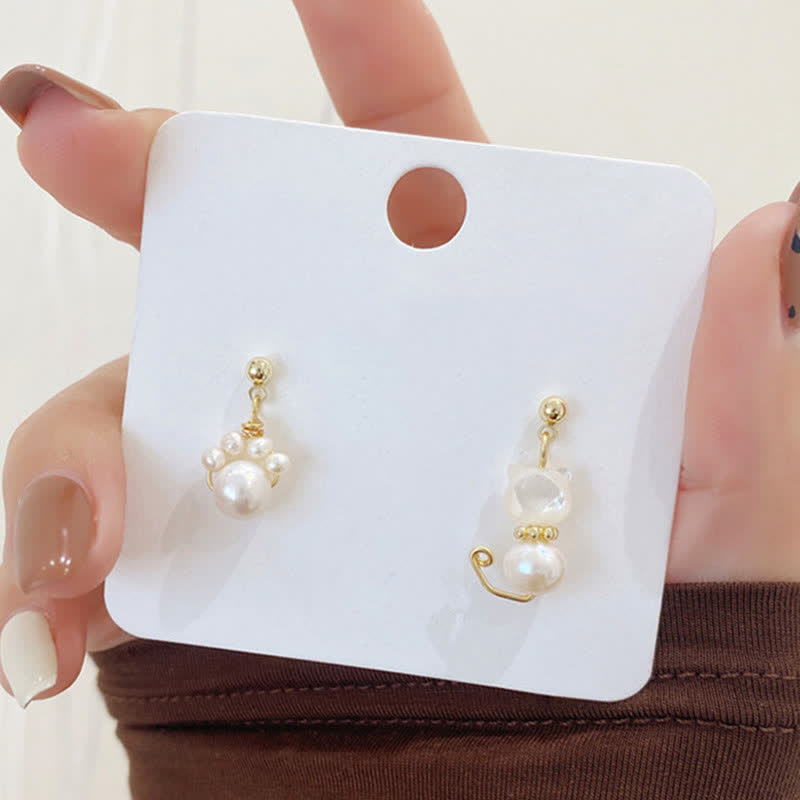 Buddha Stones Cute Cat Paw Pearl Wisdom Stud Drop Earrings