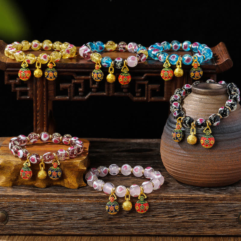 Buddha Stones Gold Swallowing Beast Family Pink Love Heart Luminous Fluorescent Liuli Glass Bead Bracelet