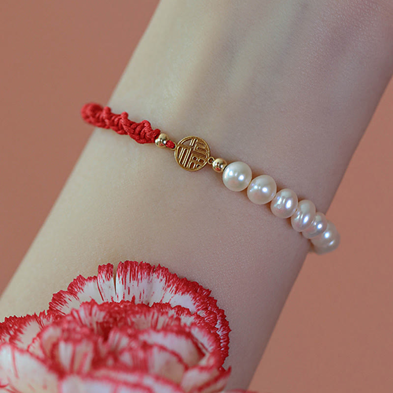 14K Gold Plated Pearl Bead Luck Protection Braid Red String Bracelet