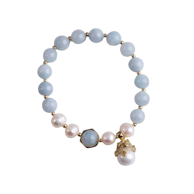 Buddha Stones Aquamarine Pearl Peace Healing Lucky Cat Charm Bracelet