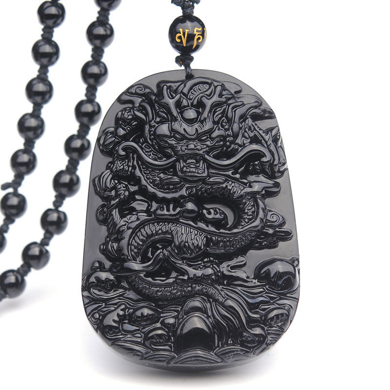 Buddha Stones Black Obsidian Stone Dragon Fulfilment Pendant Necklace