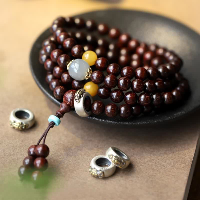 Buddha Stones 925 Sterling Silver Indian Small Leaf Red Sandalwood Hetian Gray Jade Amber Gold Star Bracelet