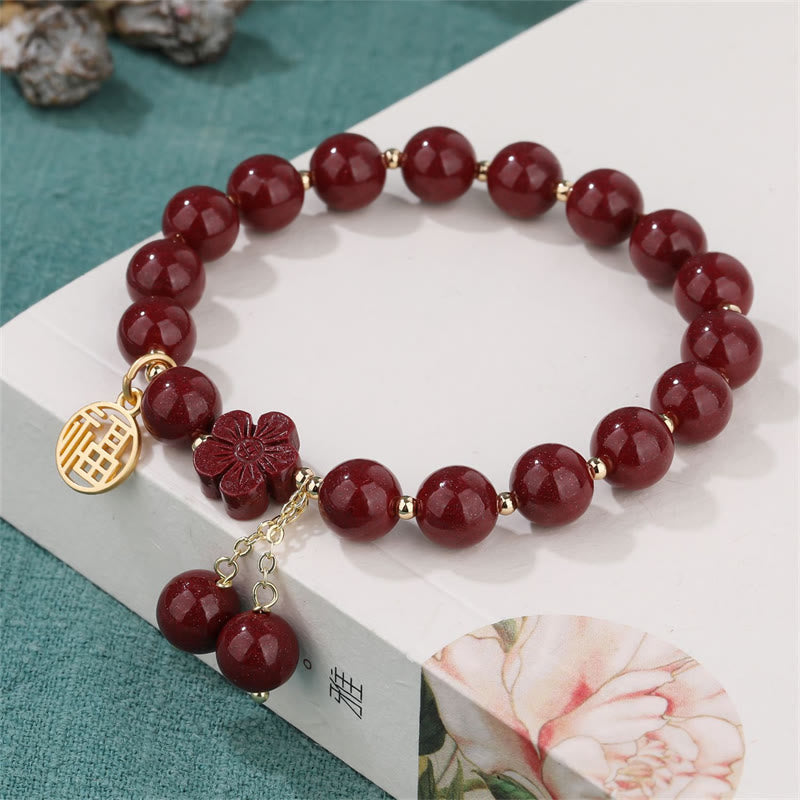 Buddha Stones Cinnabar Fu Character Cherry Blossom Blessing Bracelet