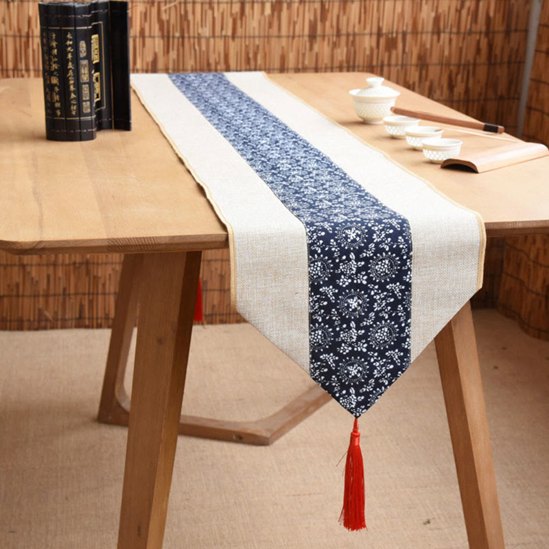 Buddha Stones Classic Chinese Style Lotus Koi Fish Flower Crane Calligraphy Enlightenment Cotton Linen Tassels Table Runner