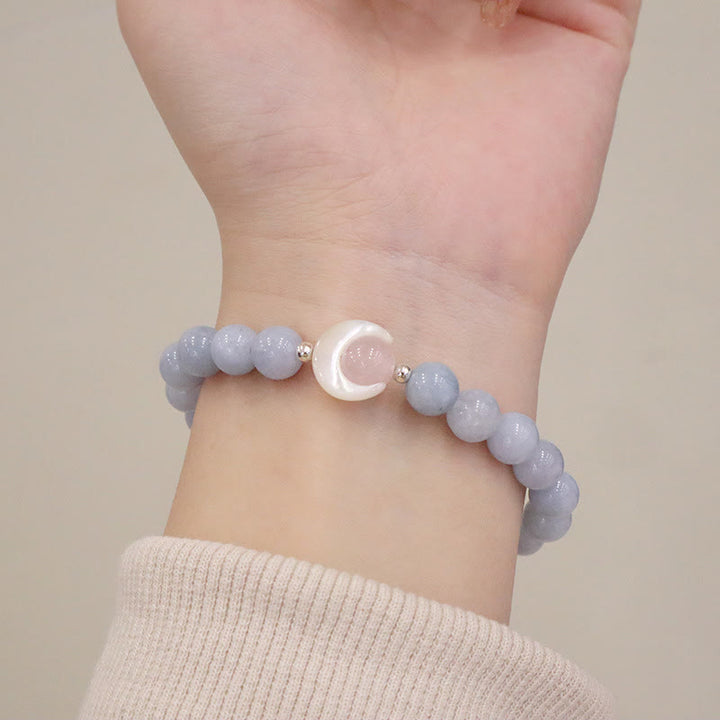 Buddha Stones 925 Sterling Silver Natural Amethyst Aquamarine Pink Crystal Cat's Eye Healing Crescent Moon Bracelet