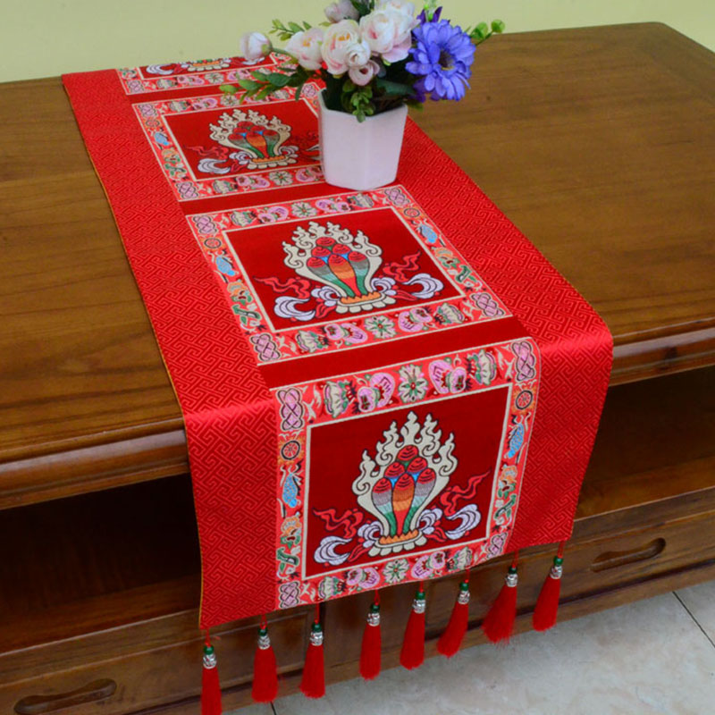 Buddha Stones Prayer Altar Mat Man-Bcu Kalachakra Endless Knot Vajra Tibetan Auspicious Symbols Tassels Table Runner