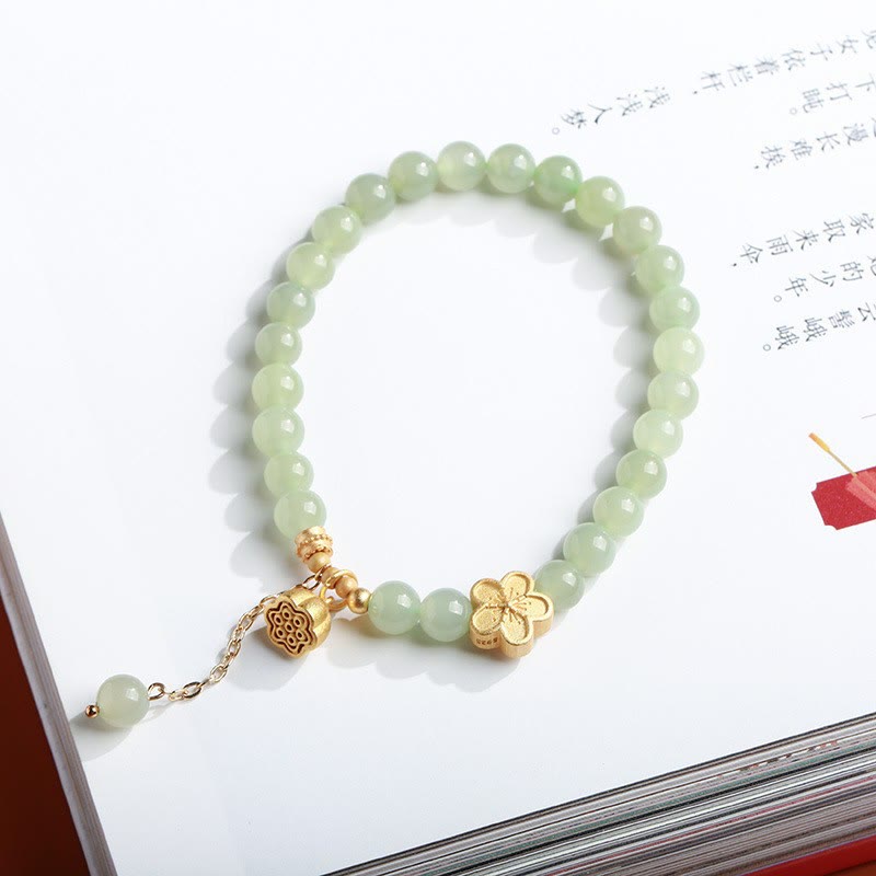 Buddha Stones 925 Sterling Silver Plated Gold Natural Hetian Jade Bead Gourd Lotus Bamboo Fu Character Luck Bracelet