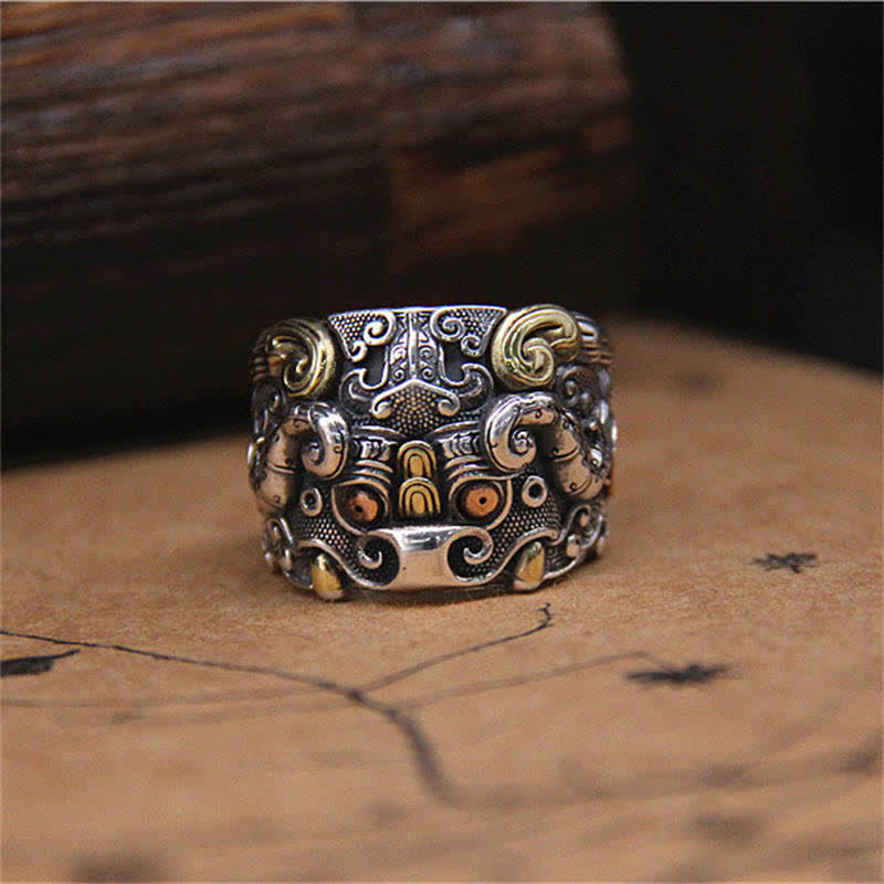 925 Sterling Silver Fengshui Kui Cattle Protection Adjustable Ring