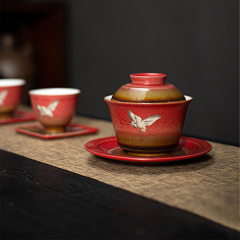 Buddha Stones Red Auspicious Crane Ceramic Gaiwan Sancai Teacup Kung Fu Tea Cup And Saucer With Lid