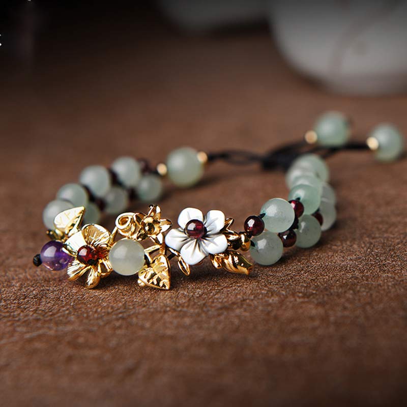 Buddha Stones Green Aventurine Garnet Bead Flower Petal Luck Bracelet