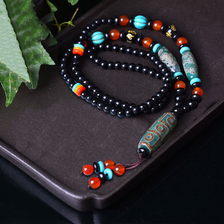 Buddha Stones Tibetan Nine-Eye Dzi Bead Dragon Pattern Om Mani Padme Hum Protection Necklace Pendant