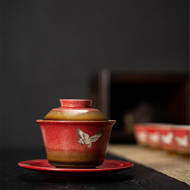 Buddha Stones Red Auspicious Crane Ceramic Gaiwan Sancai Teacup Kung Fu Tea Cup And Saucer With Lid