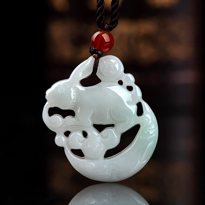 Year of the Rabbit White Jade Crescent Moon Protection Necklace Pendant