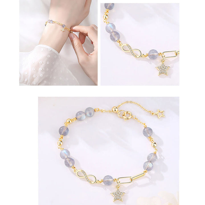 Buddha Stones 14K Gold Plated Natural Strawberry Quartz Moonstone Möbius Loop Eternal Love Star Positive Bracelet