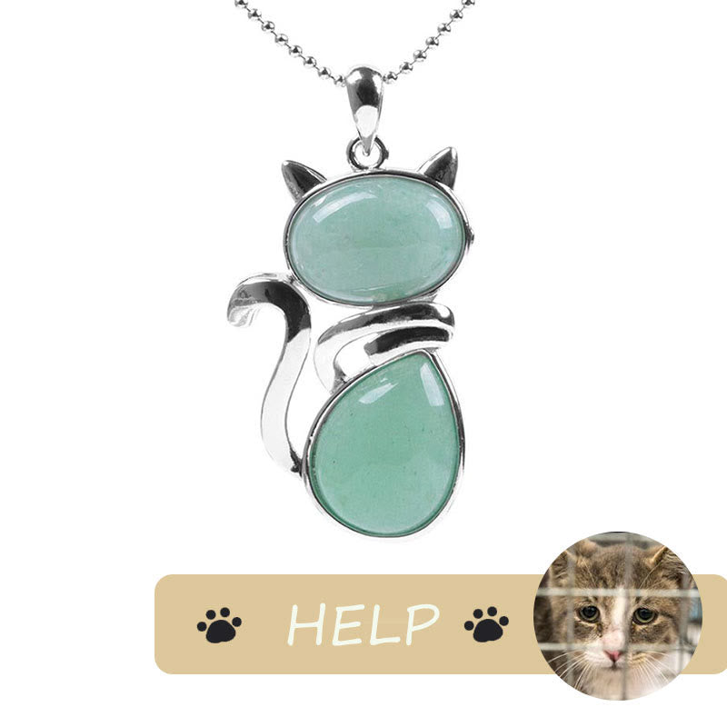 "Save A Cat" Cute Cat Pattern Natural Crystal Protection Cat-Loving Pendant Necklace