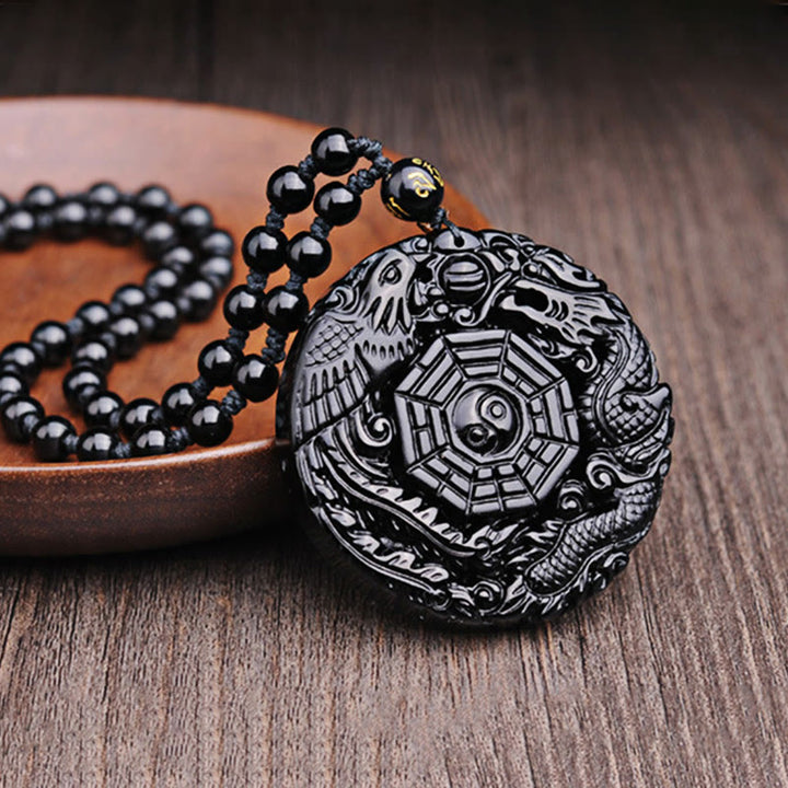 Buddha Stones Bagua Dragon Phoenix Obsidian Fulfilment Pendant Necklace