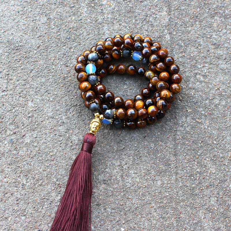 Buddha Stones Tibetan Tiger Eye Buddha Strength Power Beaded Tassel Pendant Necklace