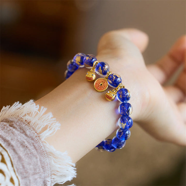 Buddha Stones Gold Swallowing Beast Copper Coin Good Luck Charm Liuli Glass Bead Fortune Bracelet