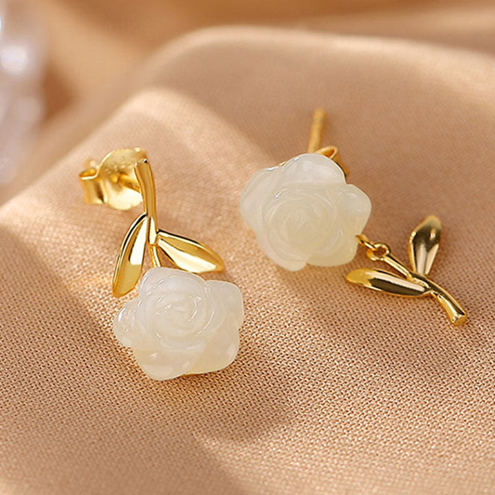 Buddha Stones 925 Sterling Silver Plated Gold Jade Rose Flower Cyan Jade Pearl Luck Earrings