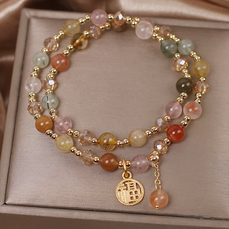 Buddha Stones Multicolored Rutilated Quartz Fu Character Auspiciousness Bracelet