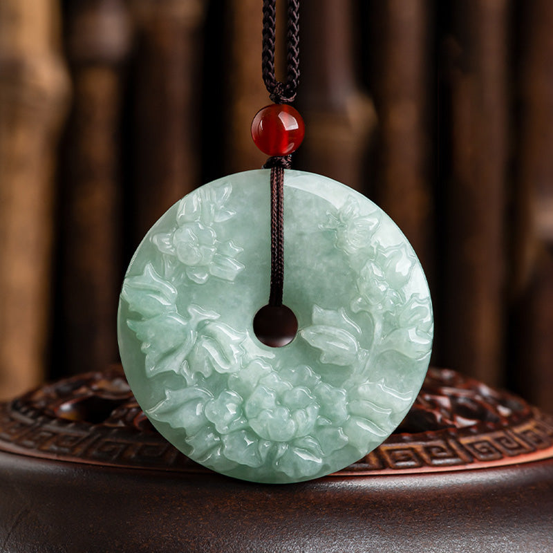 Round Jade Peace Buckle Peony Flower Abundance Necklace Pendant