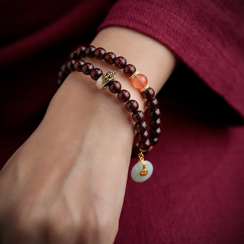 Buddha Stones Chinese Zodiac Natal Buddha Small Leaf Red Sandalwood Jade Red Agate PiXiu Sooth Bracelet