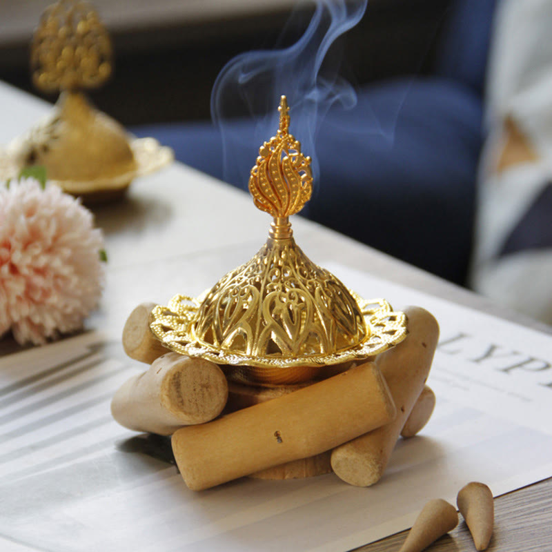 Gold Alloy Healing Mini Incense Burner With Wooden Coaster Home Decor