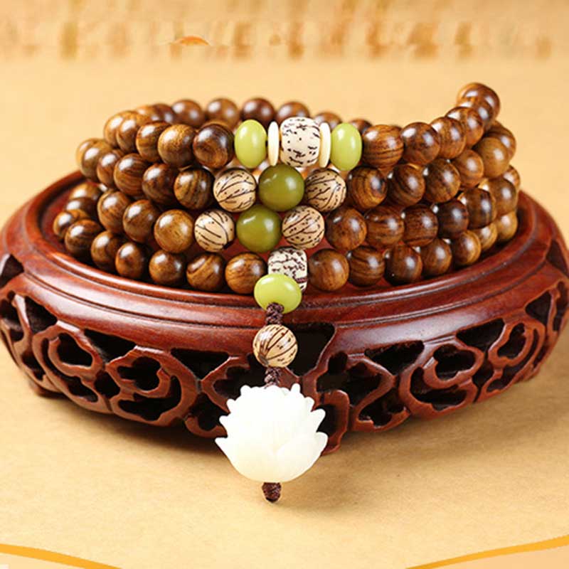 Buddha Stones Tibetan Rosewood Lotus Mala Protection Calm Necklace Bracelet