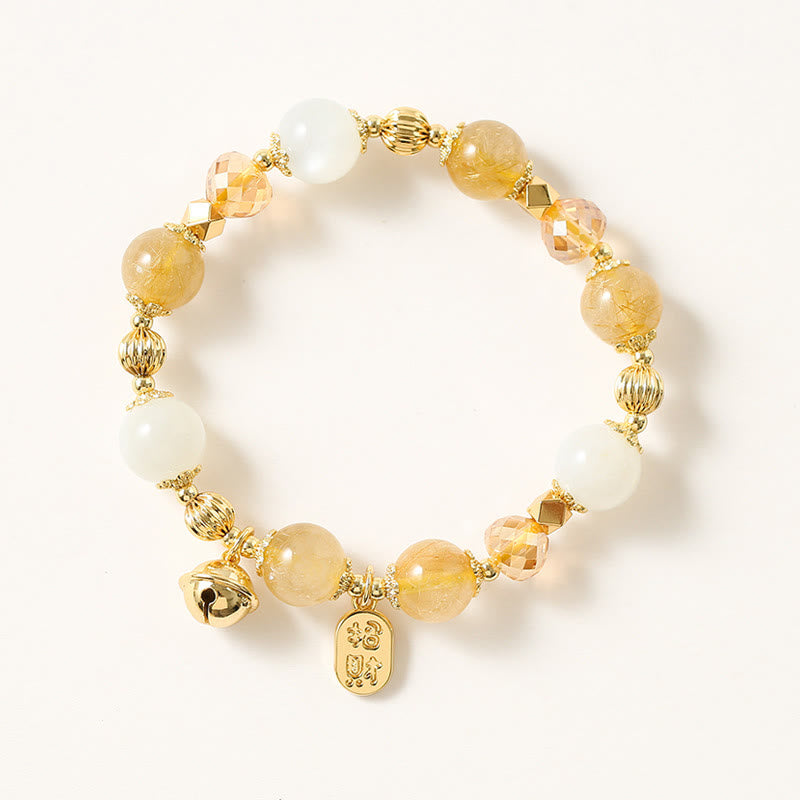 Buddha Stones 14K Gold Plated Golden Rutilated Quartz Wealth Bell Lucky Fortune Charm Bracelet