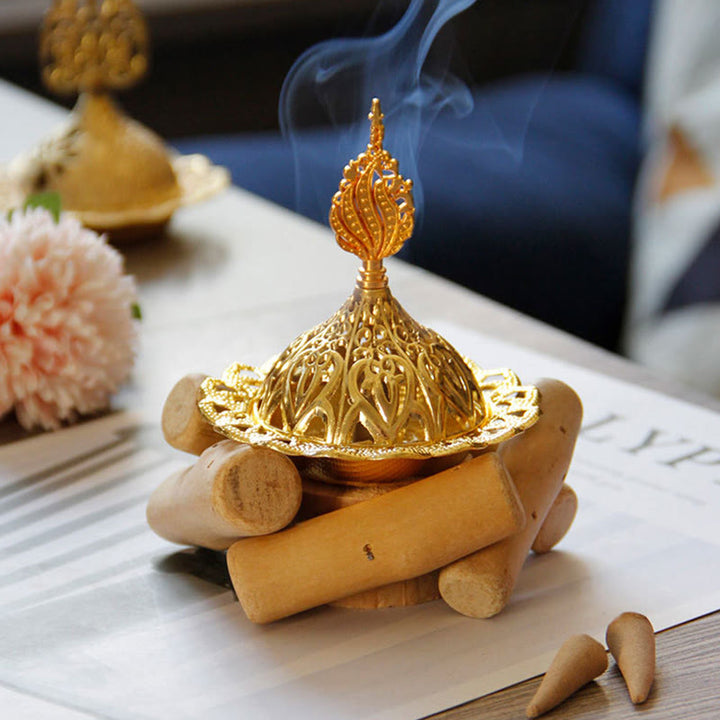 Gold Alloy Healing Mini Incense Burner With Wooden Coaster Home Decor