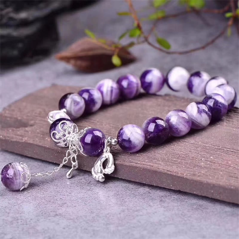 Buddha Stones 925 Sterling Silver Natural Amethyst Healing Feet Love Heart Charm Bracelet