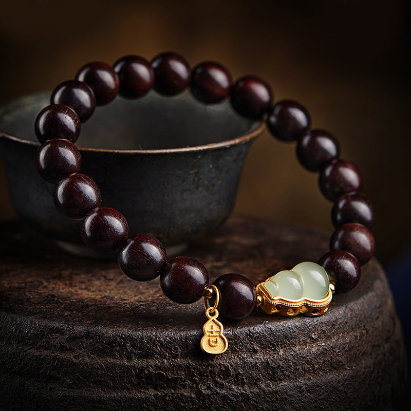 Buddha Stones Small Leaf Red Sandalwood Gourd Jade Calm Relaxation Bracelet