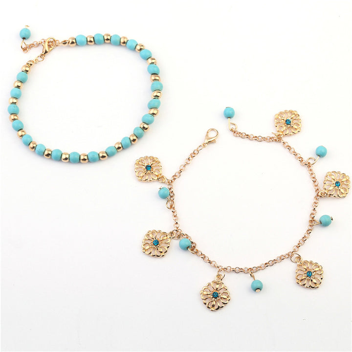 2Pcs Turquoise Stone Flower Protection Bracelet Anklet