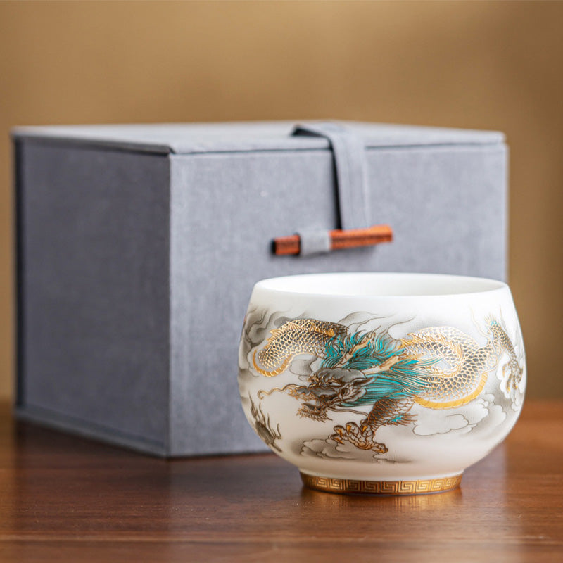 Buddha Stones Dragon Phoenix Auspicious Clouds Ceramic Teacup Kung Fu Tea Cup With Gift Box