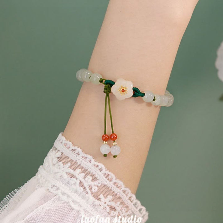 Buddha Stones Jade Peach Blossom Flower Luck Bracelet