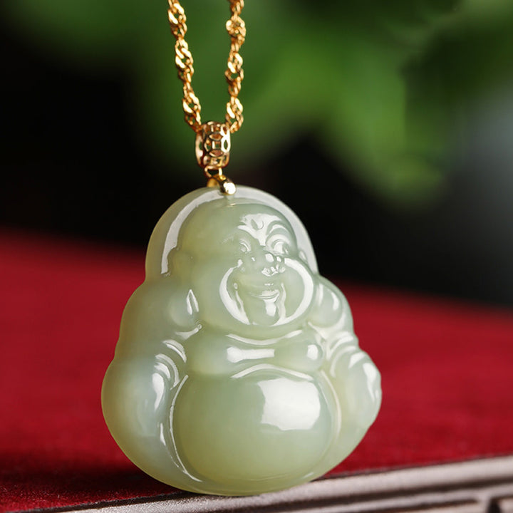 Buddha Stones 925 Sterling Silver Laughing Buddha Cyan Jade 18K Gold Success Necklace Pendant