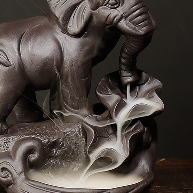 Tibetan Elephant Purple Clay Backflow Smoke Fountain Peace Healing Incense Burner Decoration