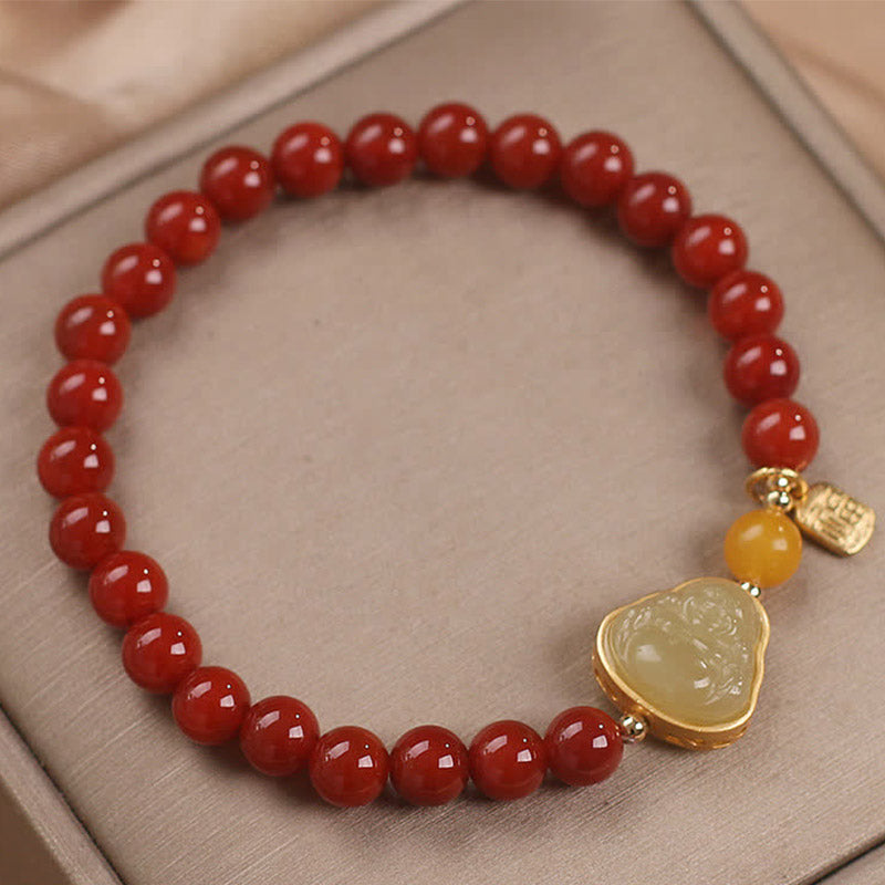 Buddha Stones Laughing Buddha Red Agate Jade Confidence Bracelet