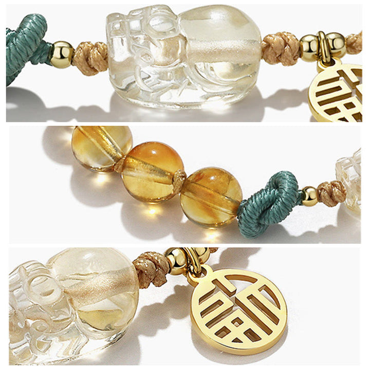 Buddha Stones Citrine PiXiu Fu Character Prosperity String Braided Bracelet