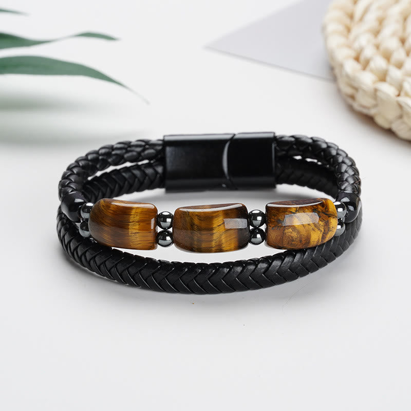 Buddha Stones Natural Tiger Eye Protection Willpower Magnetic Buckle Leather Bracelet