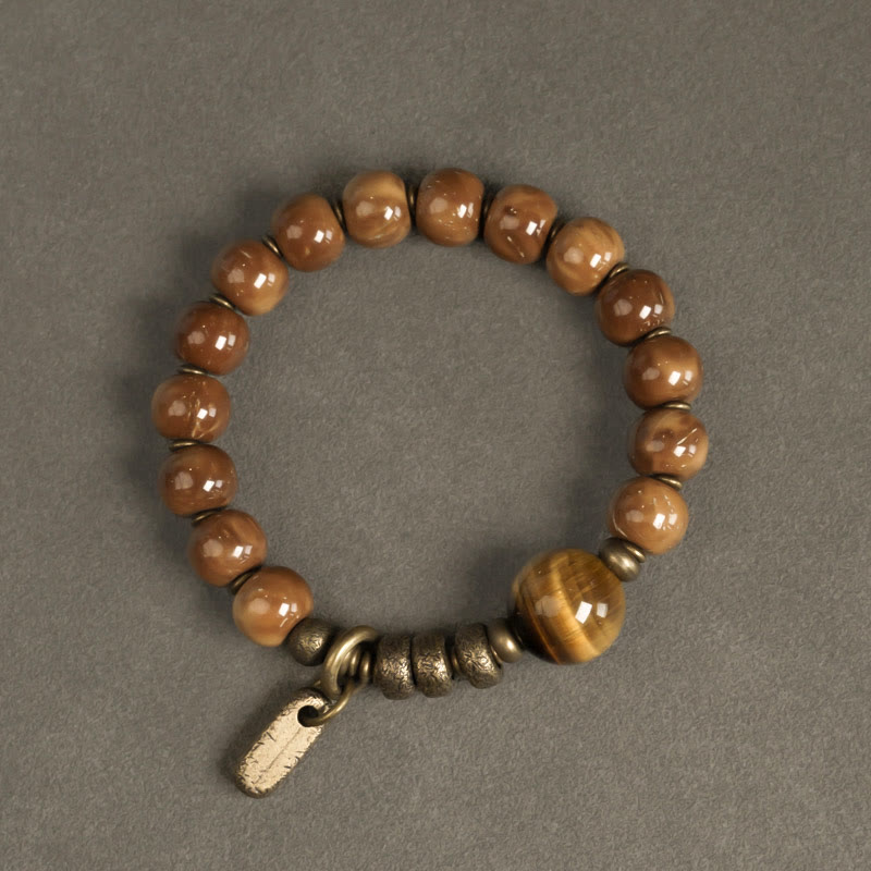 Buddha Stones Kuka Seed Tiger Eye Gold Sheen Obsidian Copper Wealth Luck Bracelet